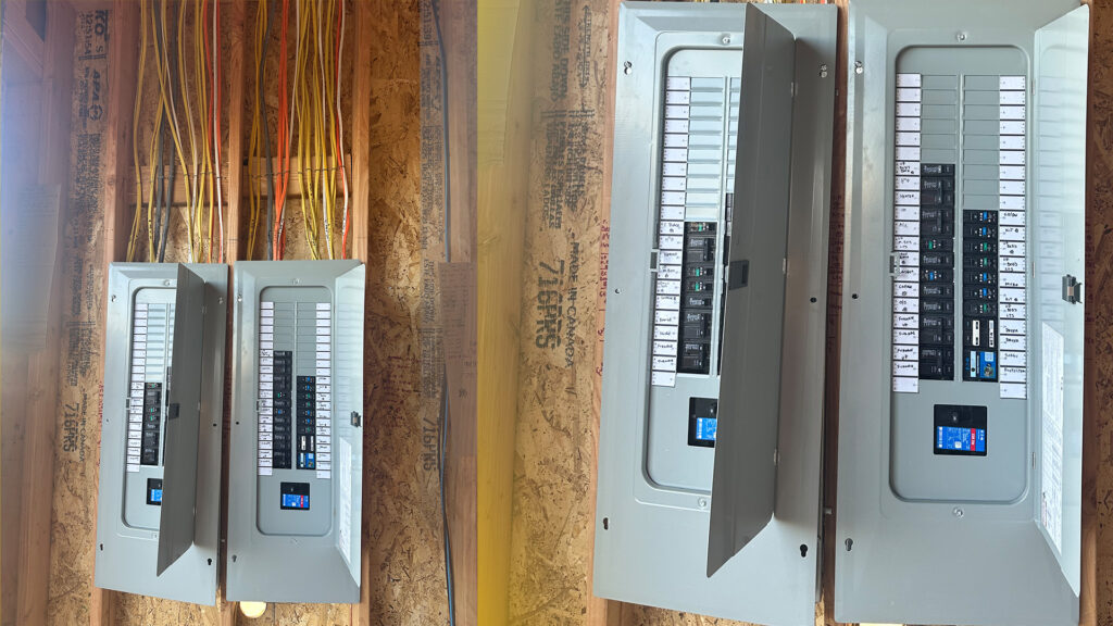 Completed dual electrical panel installation with organized wiring and labeled breakers by Tadeo Electric LLC.