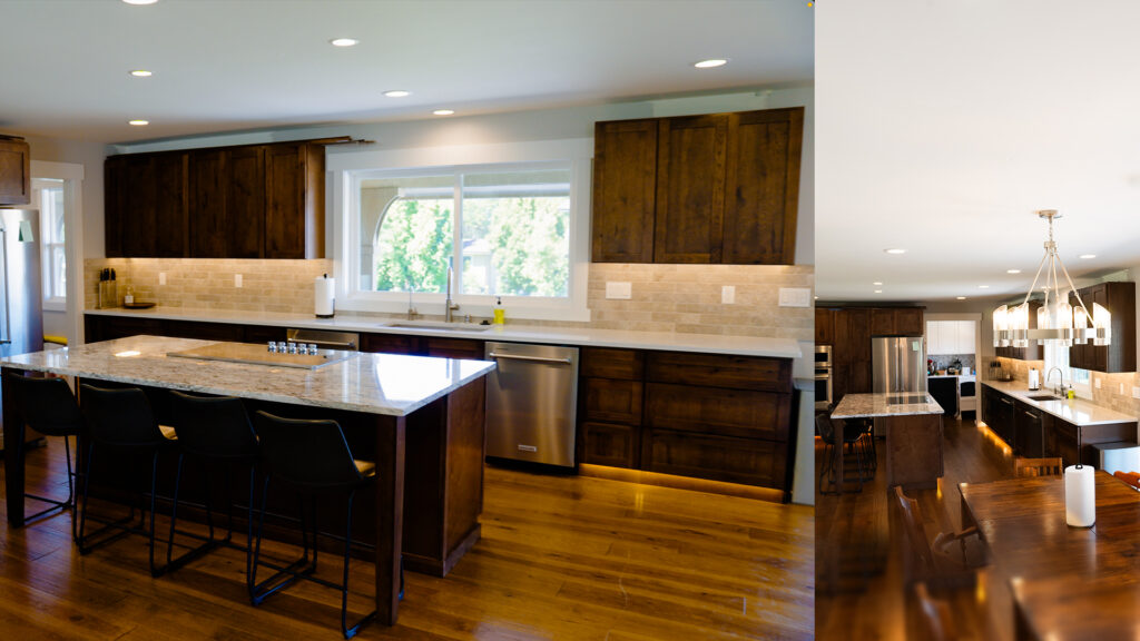 Remodeled Kennewick WA kitchen with chandelier, recessed lighting, and under-cabinet illumination installed by Tadeo Electric LLC.
